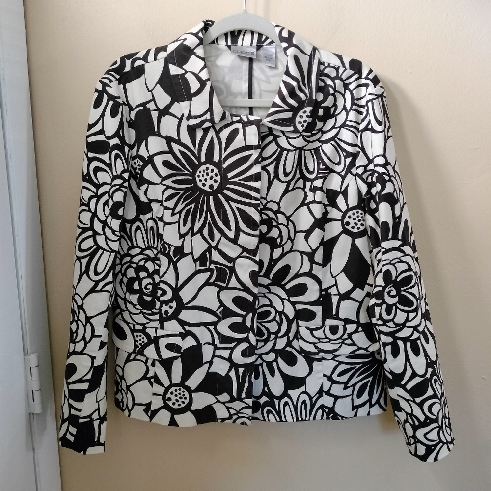 Chico's Brown Cream Floral Cotton Blend Jacket Blazer L Office Artsy